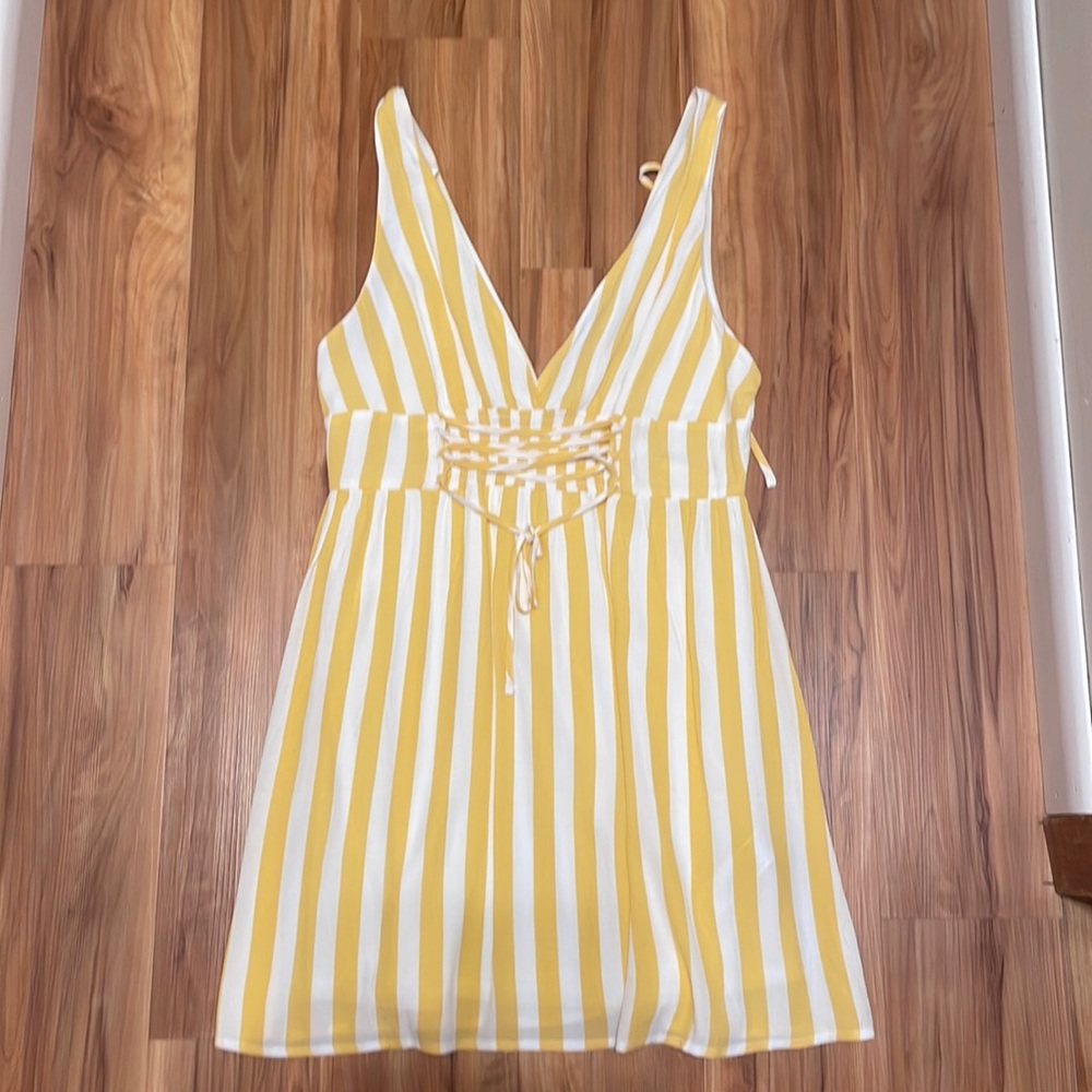 White and yellow striped mini dress
